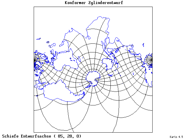 Mercator's Cylindrical Conformal Projection - 85°E, 28°N, 0° - wide