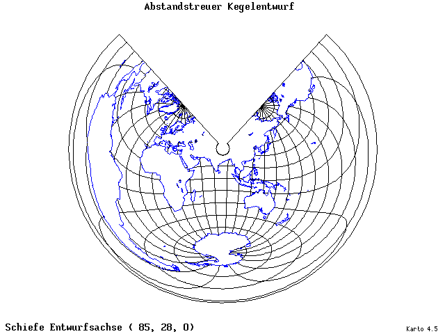 Conical Equidistant Projection - 85°E, 28°N, 0° - wide