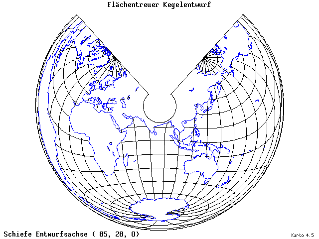 Conical Equal-Area Projection - 85°E, 28°N, 0° - wide