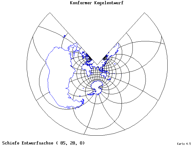 Conical Conformal Projection - 85°E, 28°N, 0° - wide