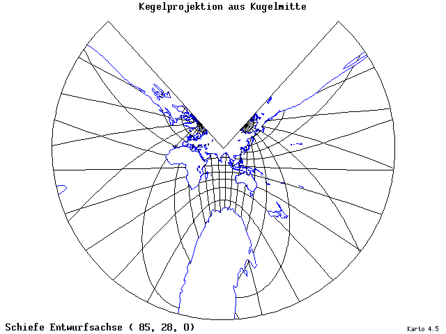 Conical Gnomonic Projection - 85°E, 28°N, 0° - wide