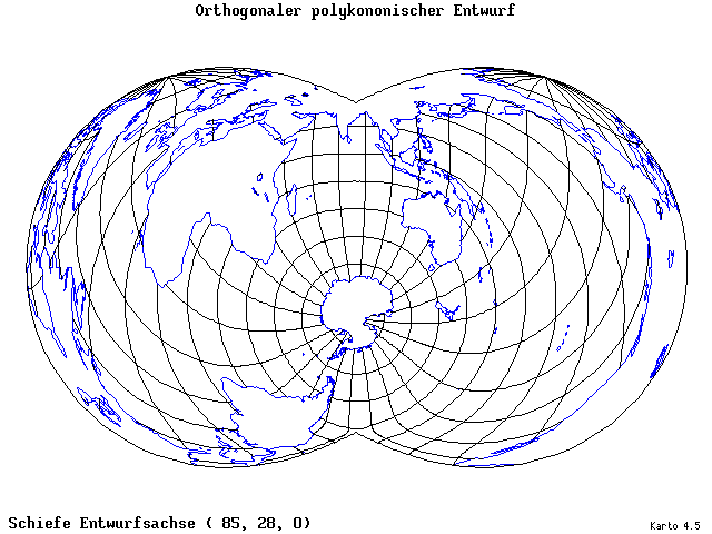 Polyconic Projection (orthogonal grid) - 85°E, 28°N, 0° - wide