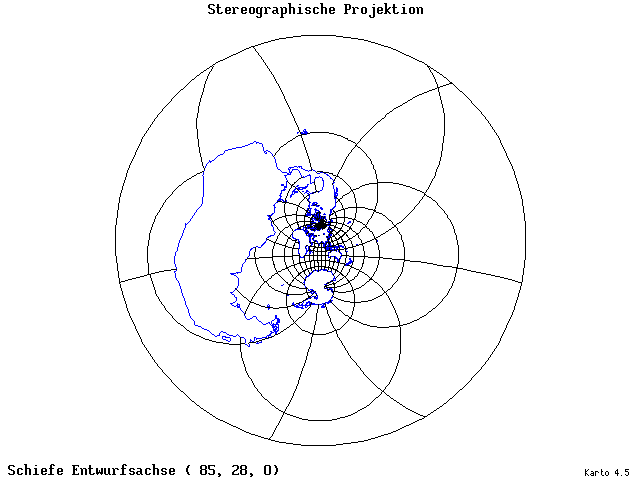 Stereographic Projection - 85°E, 28°N, 0° - wide