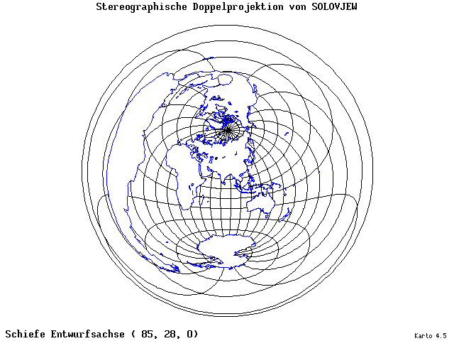 Solovjev's Double-Stereographic Projection - 85°E, 28°N, 0° - wide