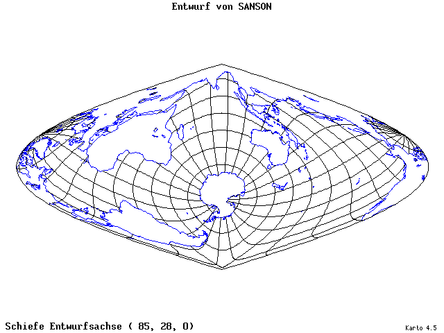 Sanson's Projection - 85°E, 28°N, 0° - wide