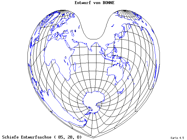 Bonne's Projection - 85°E, 28°N, 0° - wide