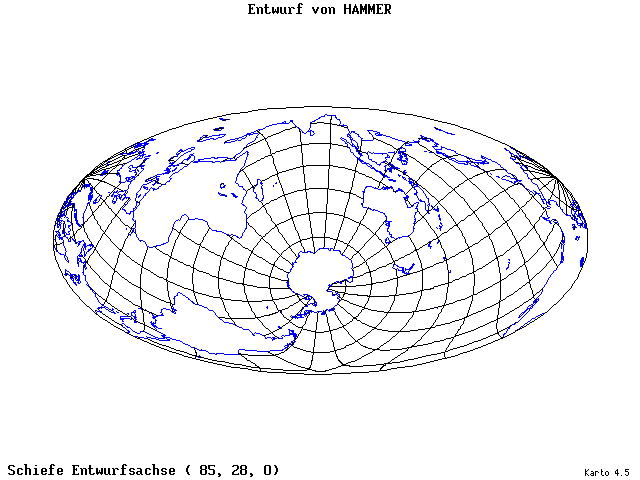 Hammer's Projection - 85°E, 28°N, 0° - wide