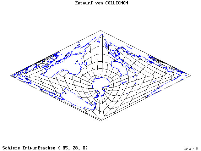 Collignon's Projection - 85°E, 28°N, 0° - wide