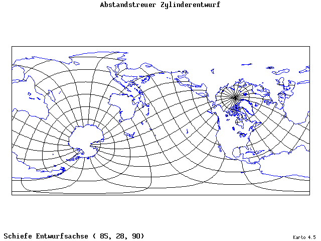 Cylindrical Equidistant Projection - 85°E, 28°N, 90° - wide