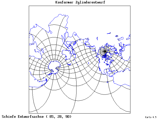 Mercator's Cylindrical Conformal Projection - 85°E, 28°N, 90° - wide