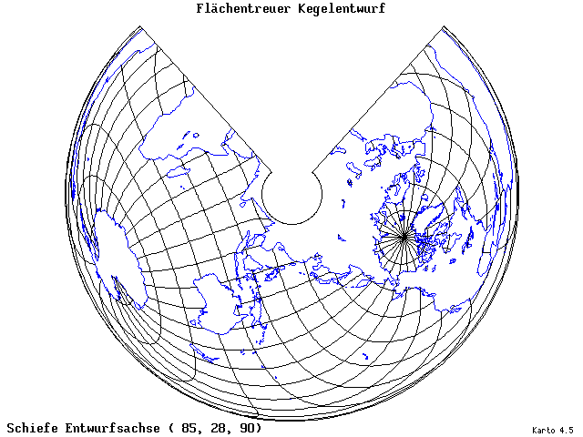 Conical Equal-Area Projection - 85°E, 28°N, 90° - wide