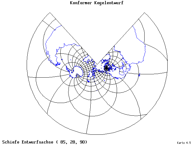 Conical Conformal Projection - 85°E, 28°N, 90° - wide