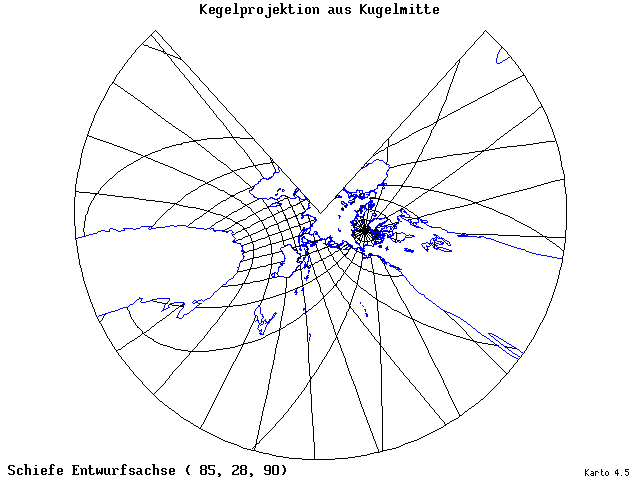 Conical Gnomonic Projection - 85°E, 28°N, 90° - wide