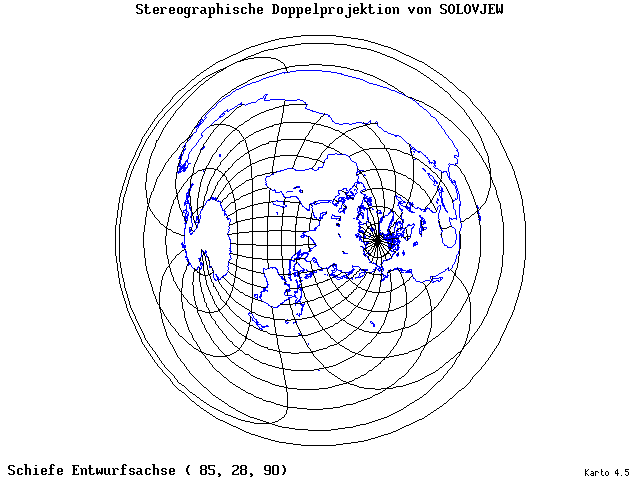 Solovjev's Double-Stereographic Projection - 85°E, 28°N, 90° - wide