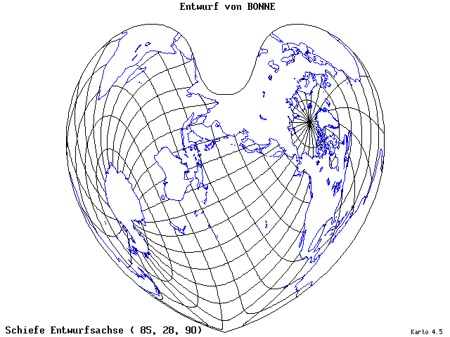 Bonne's Projection - 85°E, 28°N, 90° - wide
