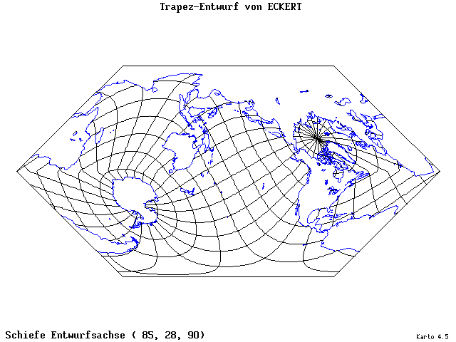 Eckhart's Trapezoid Projection - 85°E, 28°N, 90° - wide