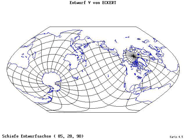 Pseudocylindrical Projection (Eckhart V) - 85°E, 28°N, 90° - wide