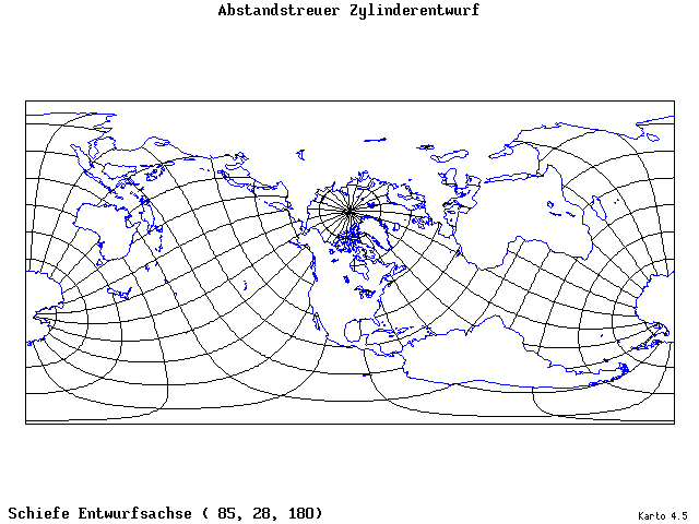 Cylindrical Equidistant Projection - 85°E, 28°N, 180° - wide