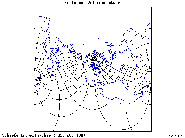 Mercator's Cylindrical Conformal Projection - 85°E, 28°N, 180° - wide