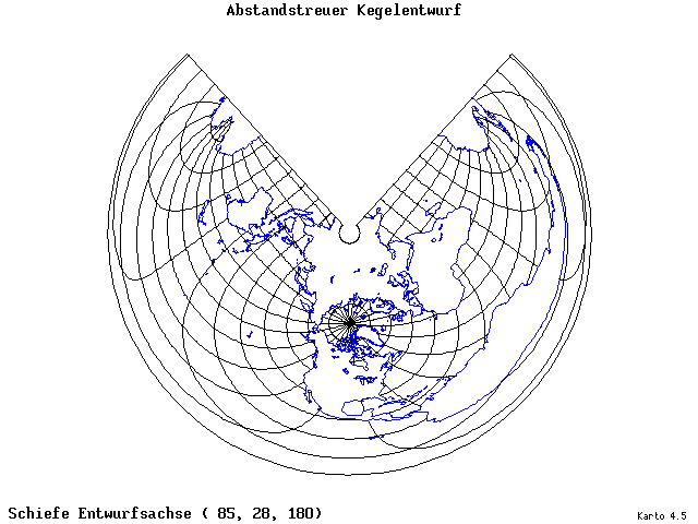 Conical Equidistant Projection - 85°E, 28°N, 180° - wide