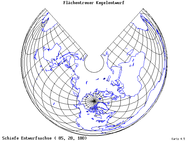 Conical Equal-Area Projection - 85°E, 28°N, 180° - wide