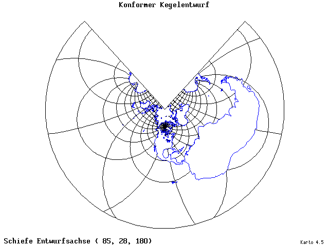 Conical Conformal Projection - 85°E, 28°N, 180° - wide