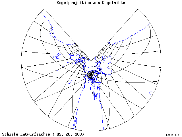 Conical Gnomonic Projection - 85°E, 28°N, 180° - wide