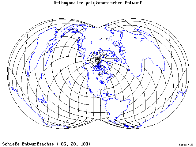 Polyconic Projection (orthogonal grid) - 85°E, 28°N, 180° - wide