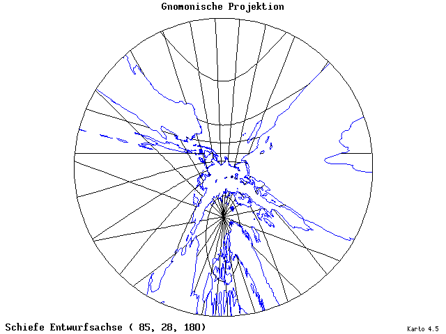 Gnomonic Projection - 85°E, 28°N, 180° - wide