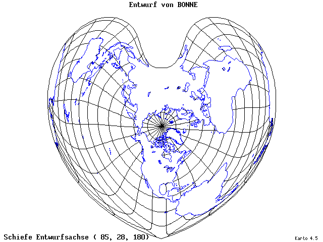 Bonne's Projection - 85°E, 28°N, 180° - wide