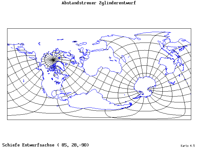 Cylindrical Equidistant Projection - 85°E, 28°N, 270° - wide