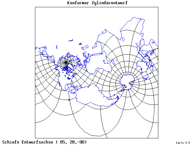 Mercator's Cylindrical Conformal Projection - 85°E, 28°N, 270° - wide