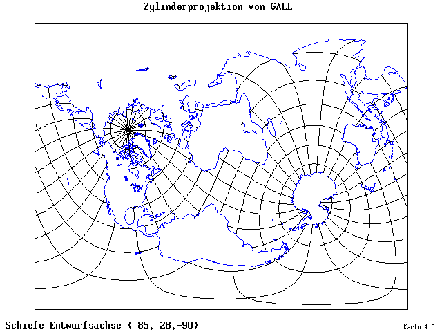 Gall's Cylindrical Projection - 85°E, 28°N, 270° - wide