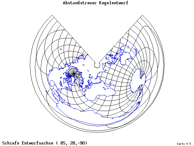 Conical Equidistant Projection - 85°E, 28°N, 270° - wide