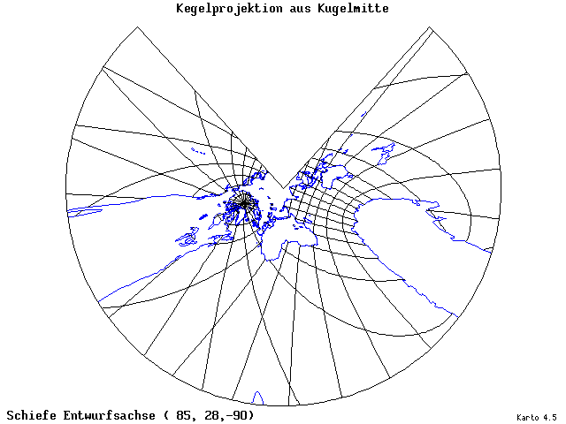 Conical Gnomonic Projection - 85°E, 28°N, 270° - wide