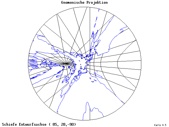 Gnomonic Projection - 85°E, 28°N, 270° - wide