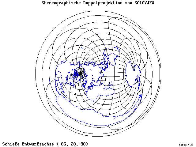 Solovjev's Double-Stereographic Projection - 85°E, 28°N, 270° - wide