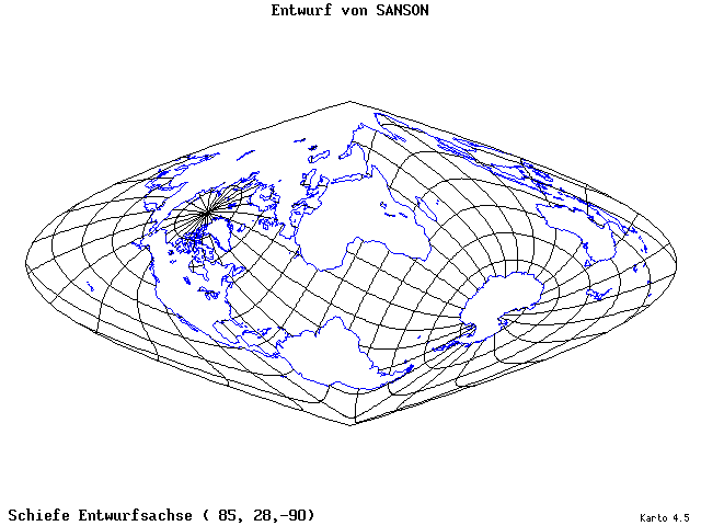 Sanson's Projection - 85°E, 28°N, 270° - wide