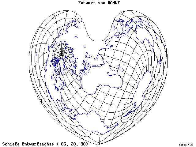 Bonne's Projection - 85°E, 28°N, 270° - wide