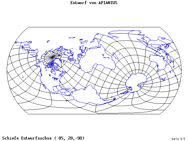 Apianius' Projection - 85°E, 28°N, 270° - wide