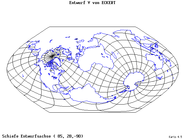 Pseudocylindrical Projection (Eckhart V) - 85°E, 28°N, 270° - wide