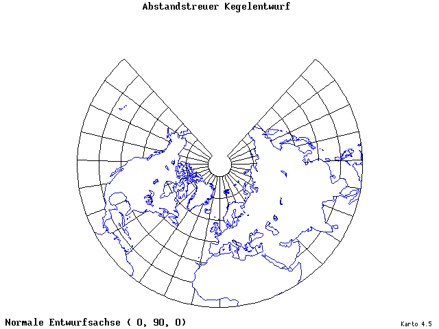 Conical Equidistant Projection - 0°E, 90°N, 0° - standard