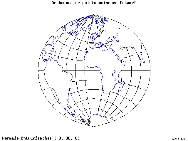 Polyconic Projection (orthogonal grid) - 0°E, 90°N, 0° - standard