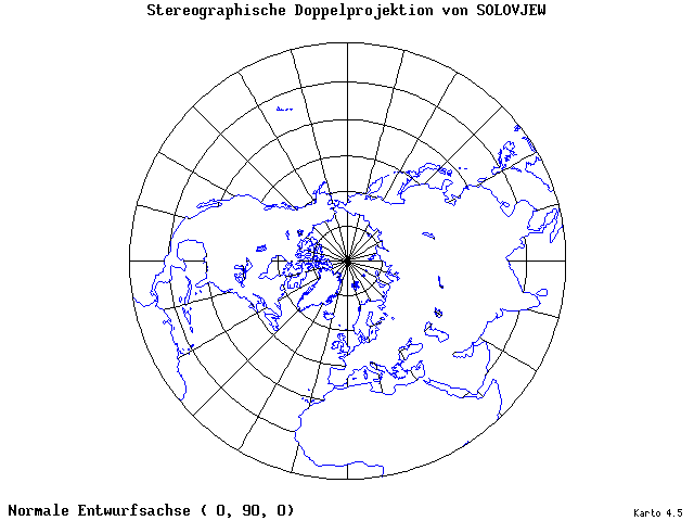 Solovjev's Double-Stereographic Projection - 0°E, 90°N, 0° - standard