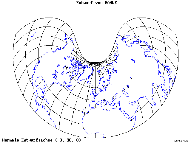 Bonne's Projection - 0°E, 90°N, 0° - standard