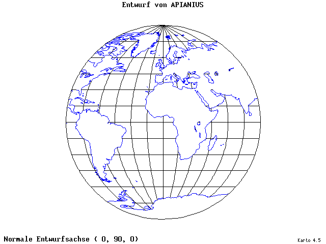 Apianius' Projection - 0°E, 90°N, 0° - standard