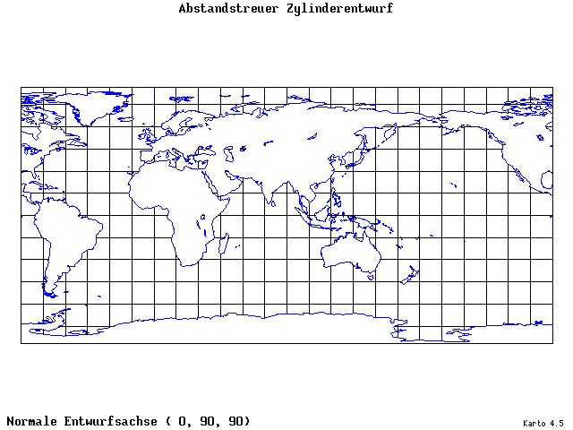 Cylindrical Equidistant Projection - 0°E, 90°N, 90° - standard