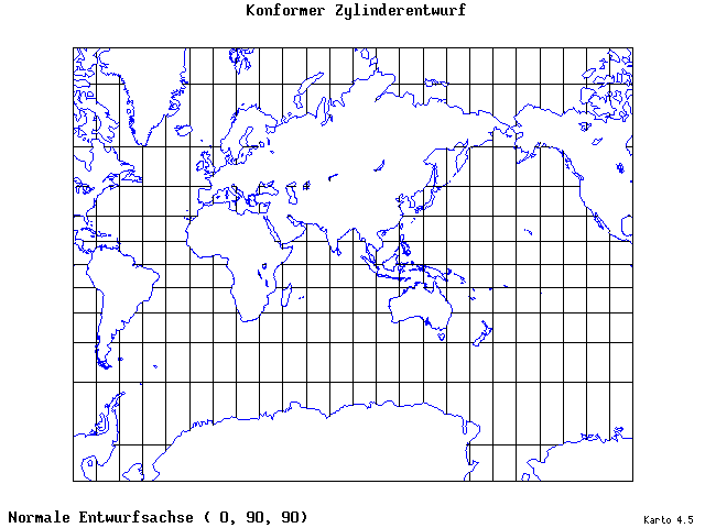 Mercator's Cylindrical Conformal Projection - 0°E, 90°N, 90° - standard