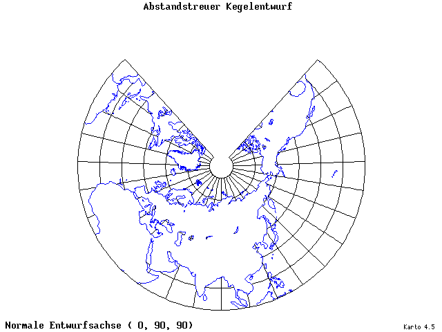 Conical Equidistant Projection - 0°E, 90°N, 90° - standard