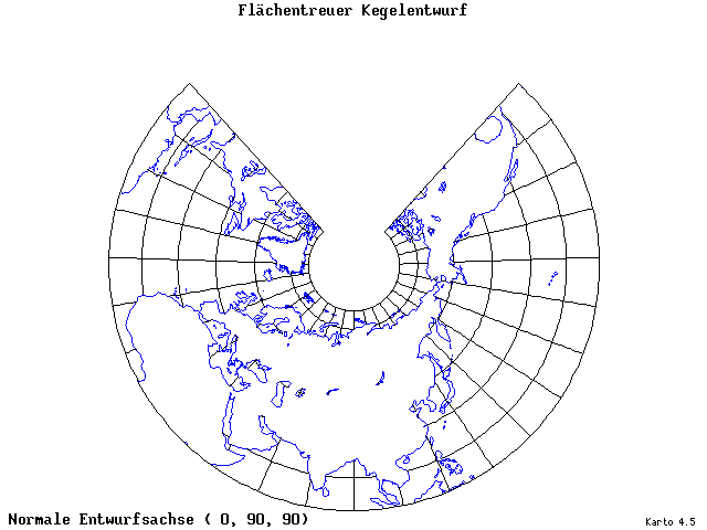 Conical Equal-Area Projection - 0°E, 90°N, 90° - standard